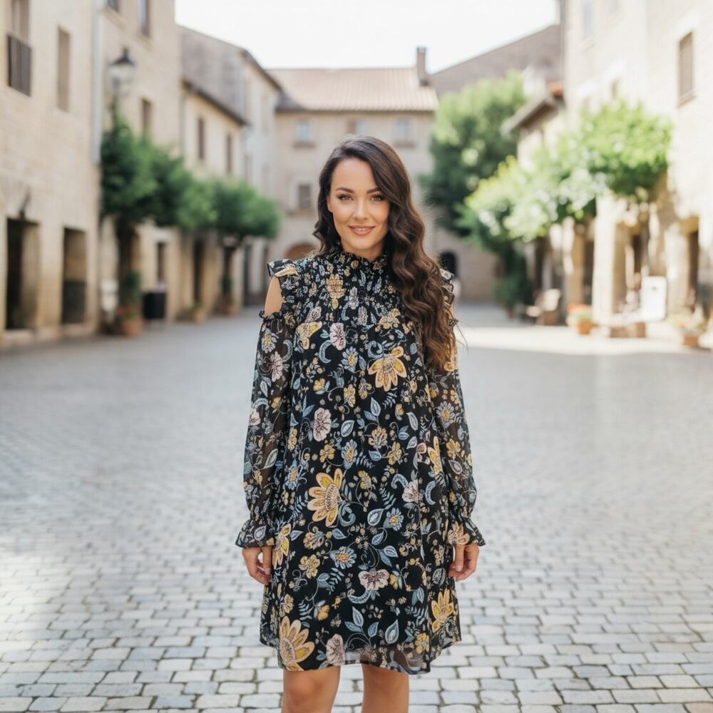 Dress Forum LA Boho Peasant Smocked Floral Mini Dress Small